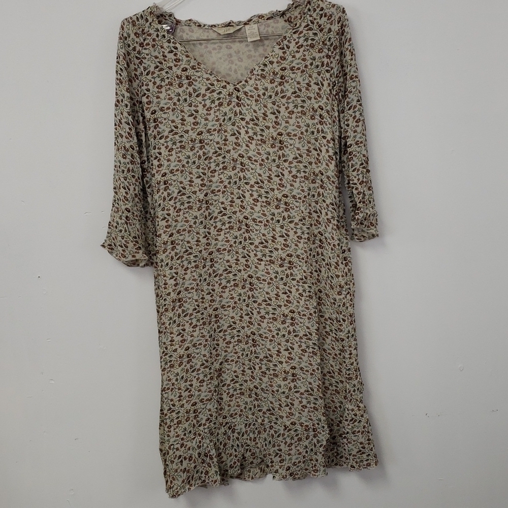J Jill Shift Dress 3/4 Sleeves V Neck Small Petite see measures Tan Floral EUC - Picture 9 of 16